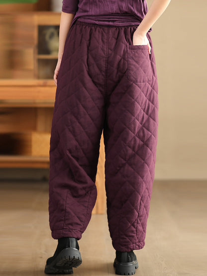 Women Winter Retro Rhomboid Padded Linen Harem Pants WU025