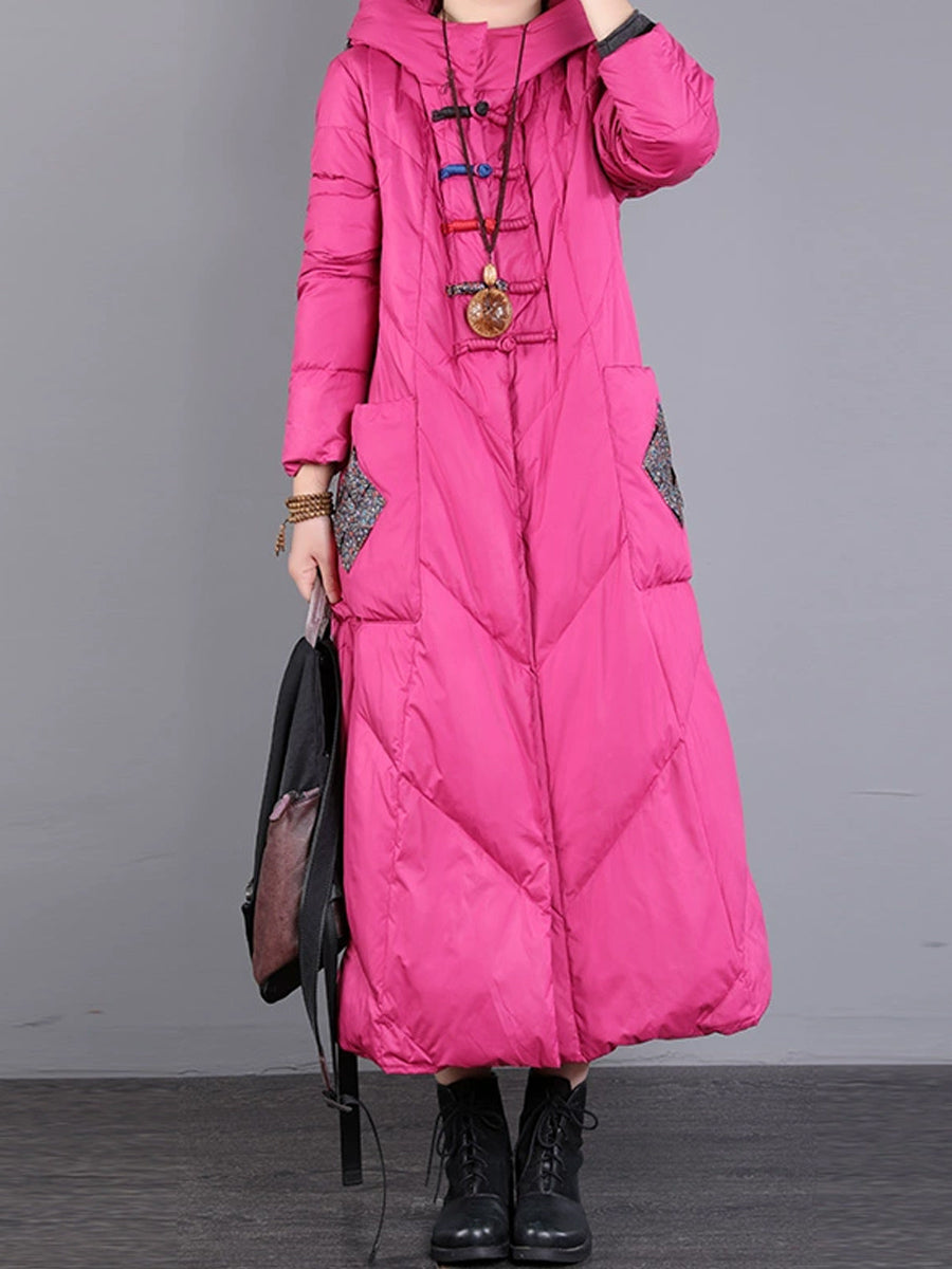 Women Winter Vintage Patch Hooded Long Down Coat WU028