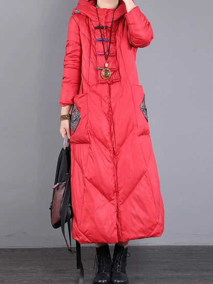 Women Winter Vintage Patch Hooded Long Down Coat WU028