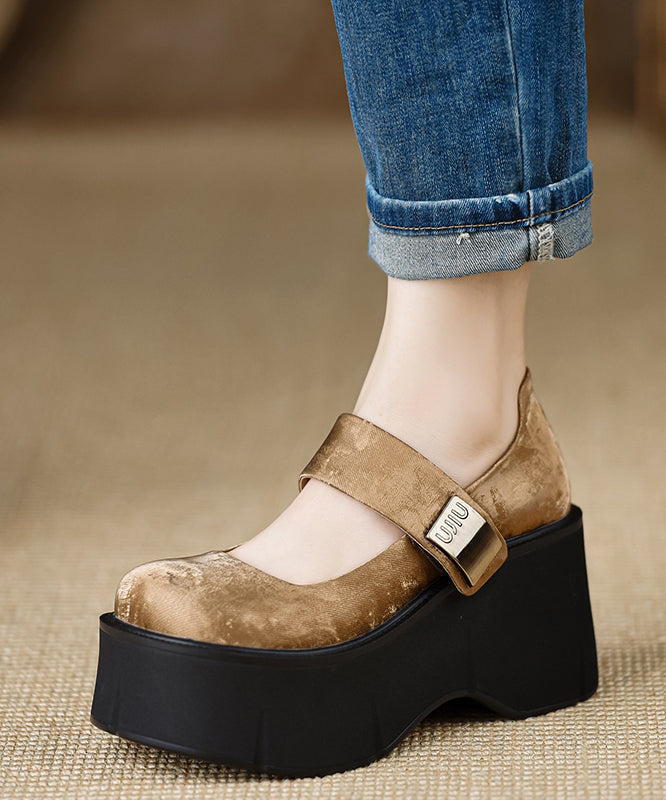 Satin High Strap Splicing 2025 Buckle Heels Brown Wedge New