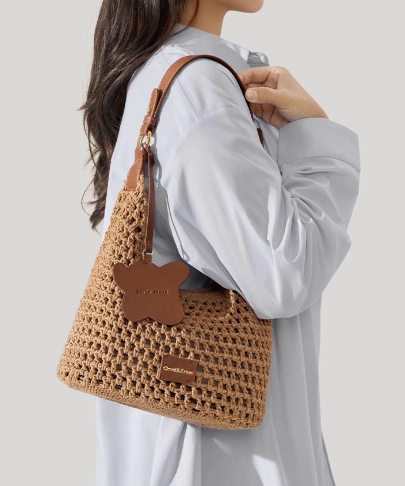 New Capacity Bag Shoulder Khaki 2025 Grass Woven Large