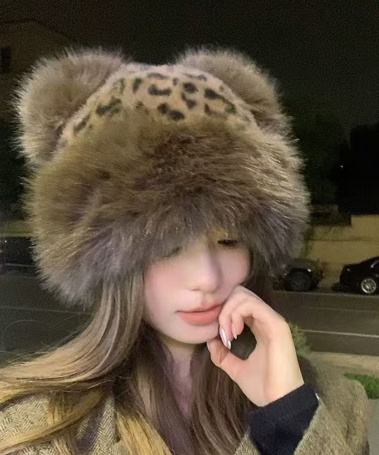 2025 New Leopard Print Thickened Warm Fuzzy Fur Hat RB045