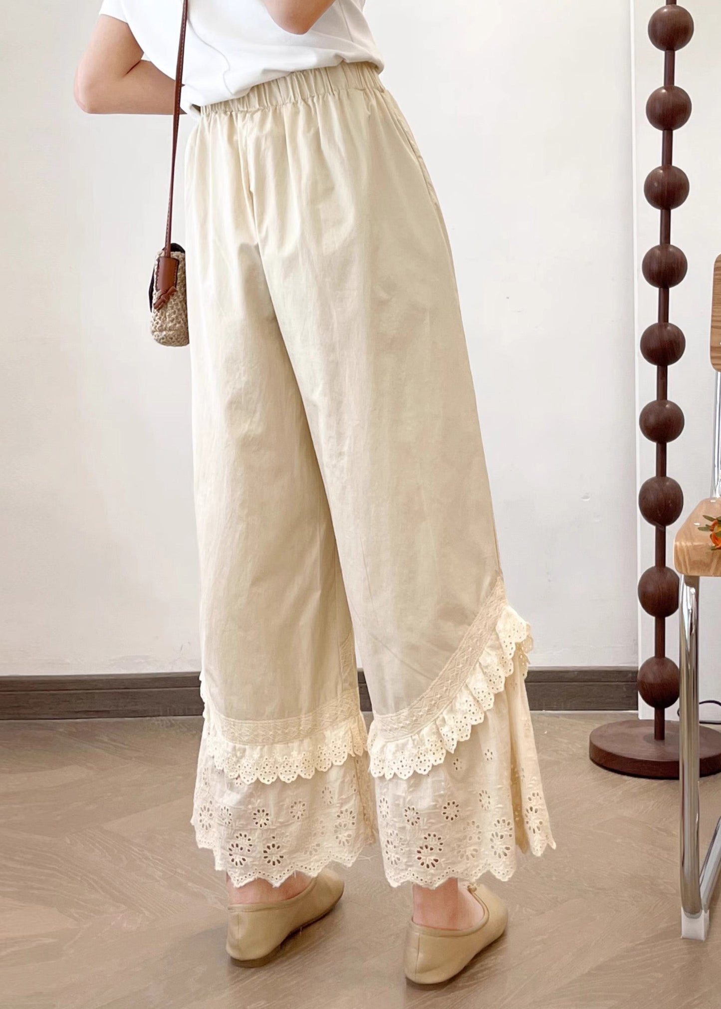 New Lace Summer Wide Apricot Splicing Pants Leg 2025