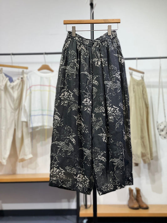 Pants Flower Vinage Wide-leg Women Ramie Spring