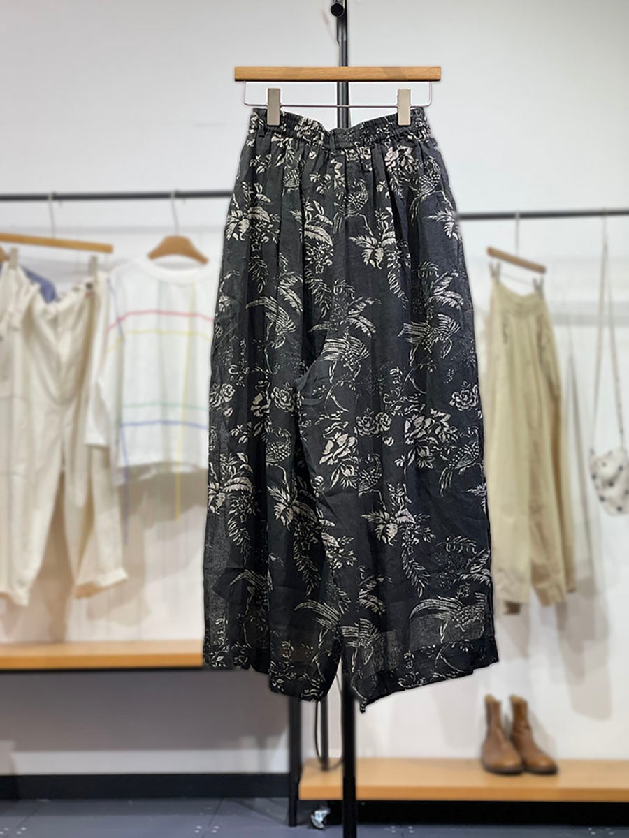 Pants Flower Vinage Wide-leg Women Ramie Spring
