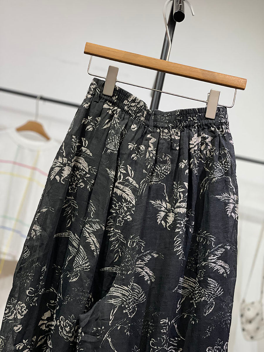 Pants Flower Vinage Wide-leg Women Ramie Spring
