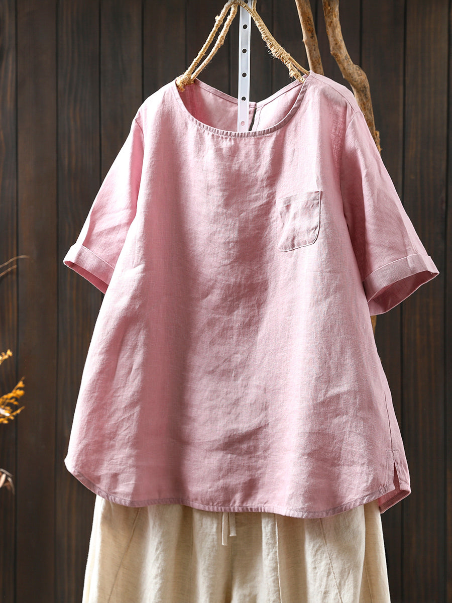 Chemise d'été à col rond pour femme, 100 % lin