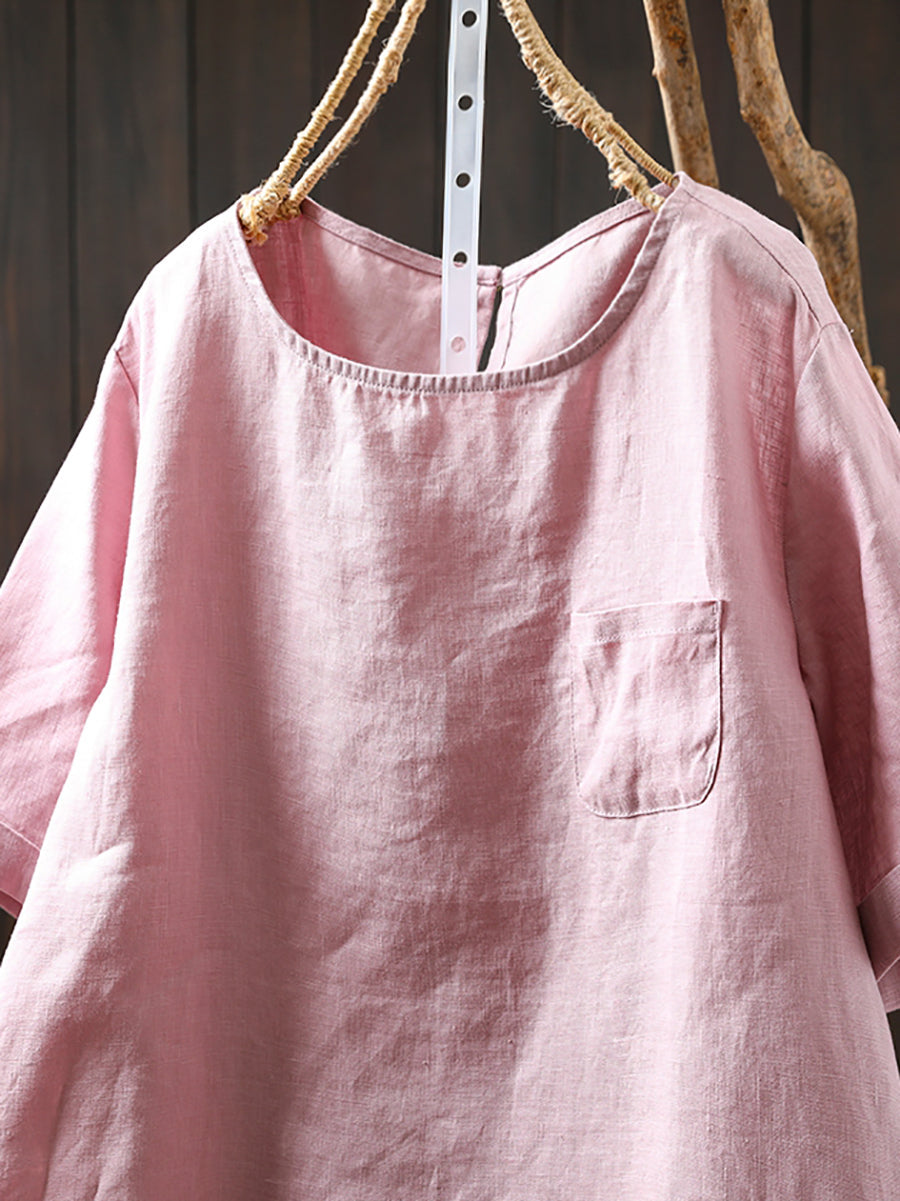 Chemise d'été à col rond pour femme, 100 % lin