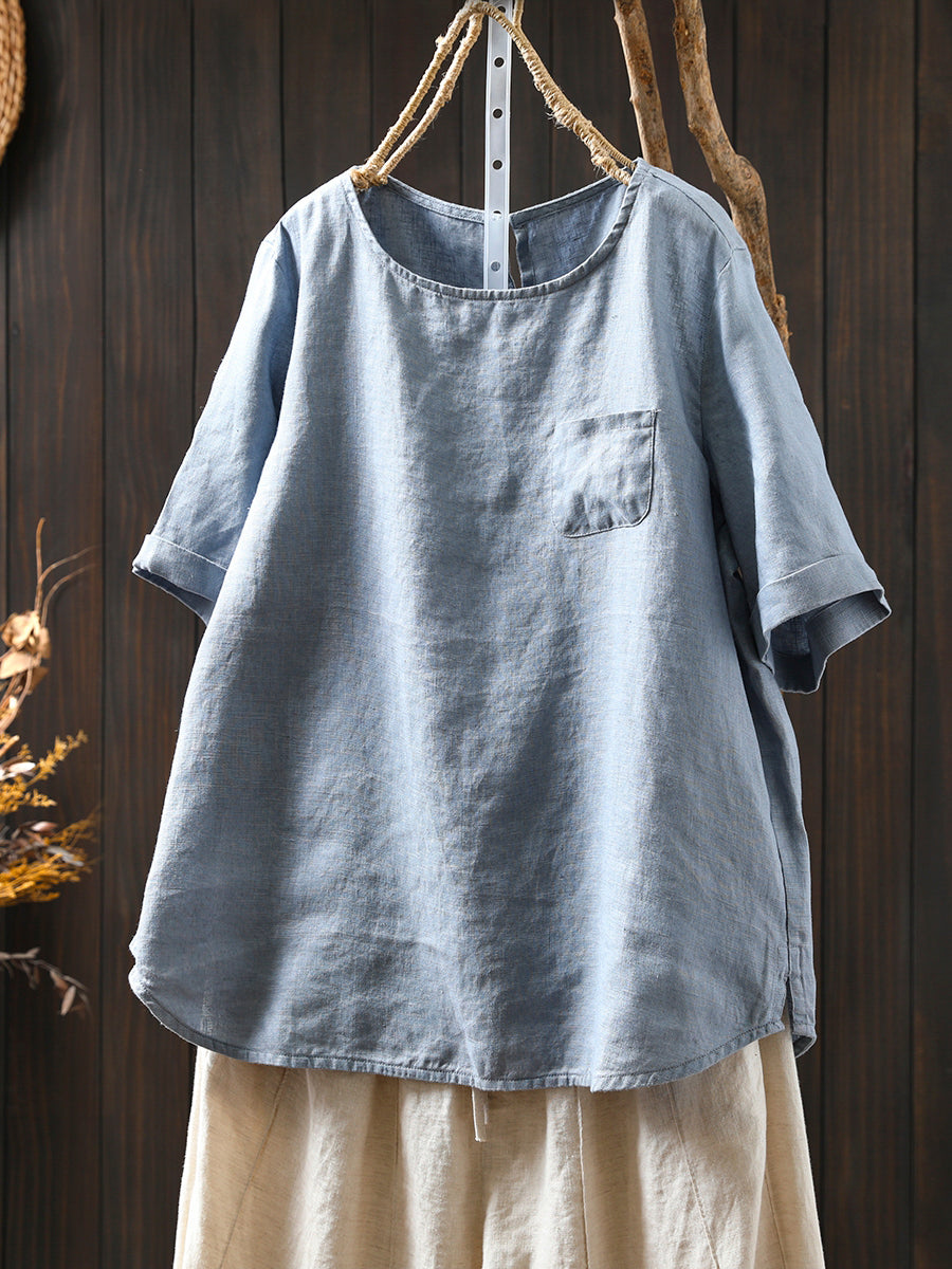 Chemise d'été à col rond pour femme, 100 % lin