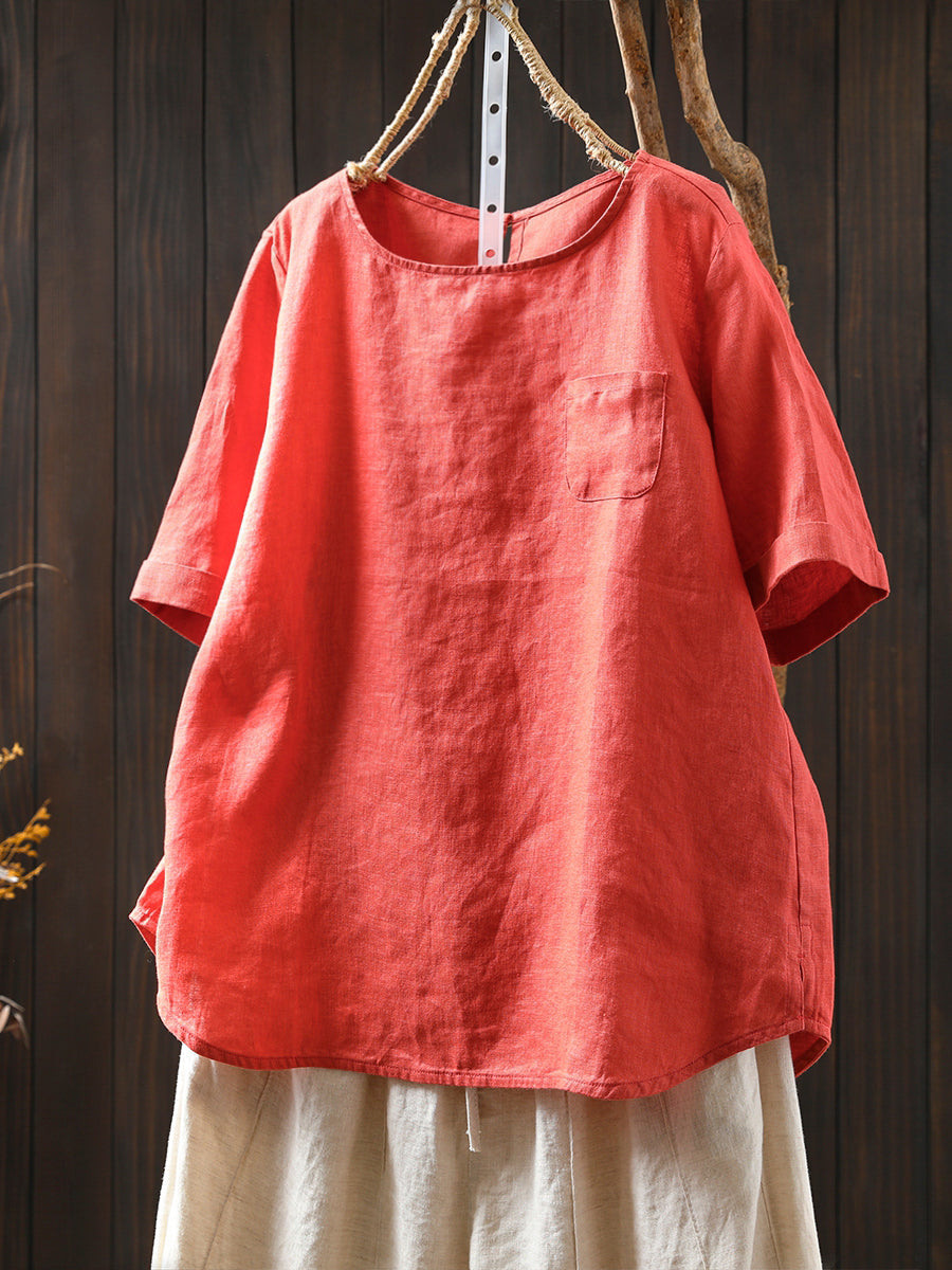 Chemise d'été à col rond pour femme, 100 % lin