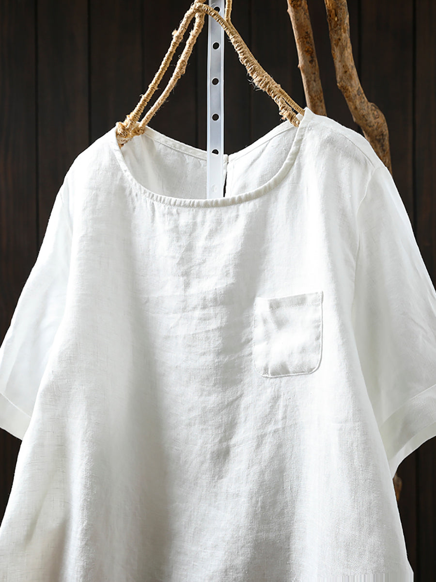 Chemise d'été à col rond pour femme, 100 % lin