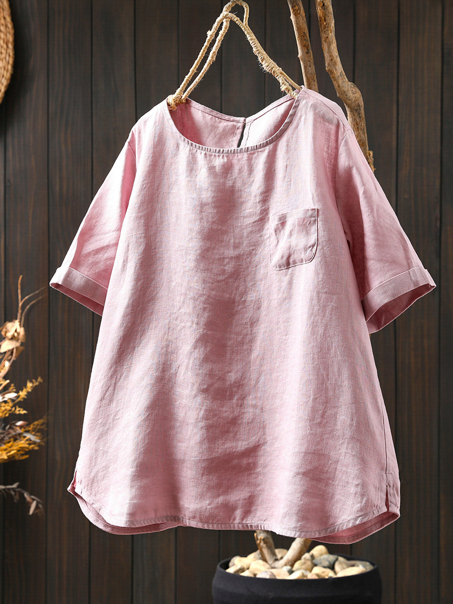 Chemise d'été à col rond pour femme, 100 % lin