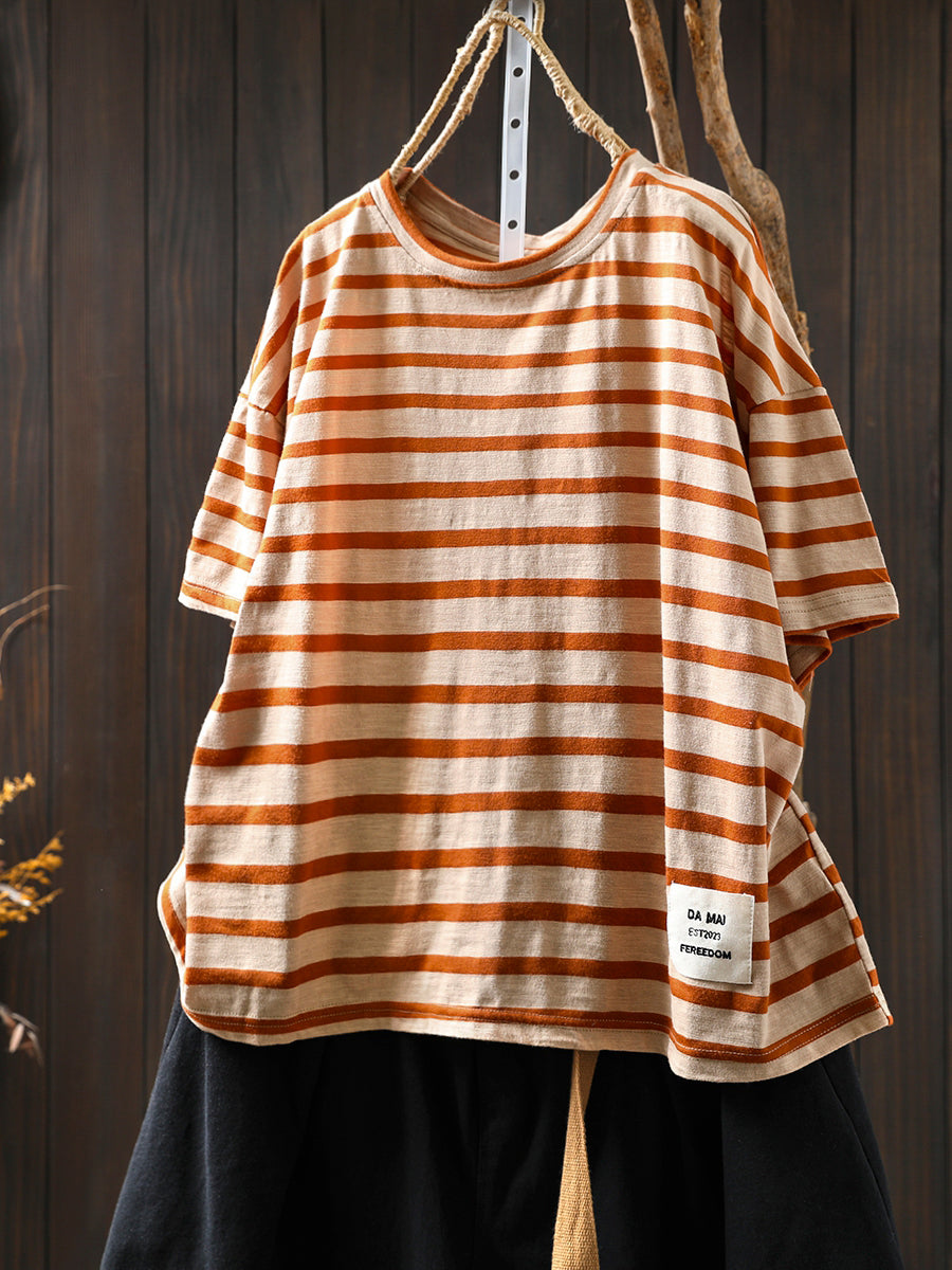 Chemise d'été décontractée à col rond et rayures colorblock pour femme en coton 