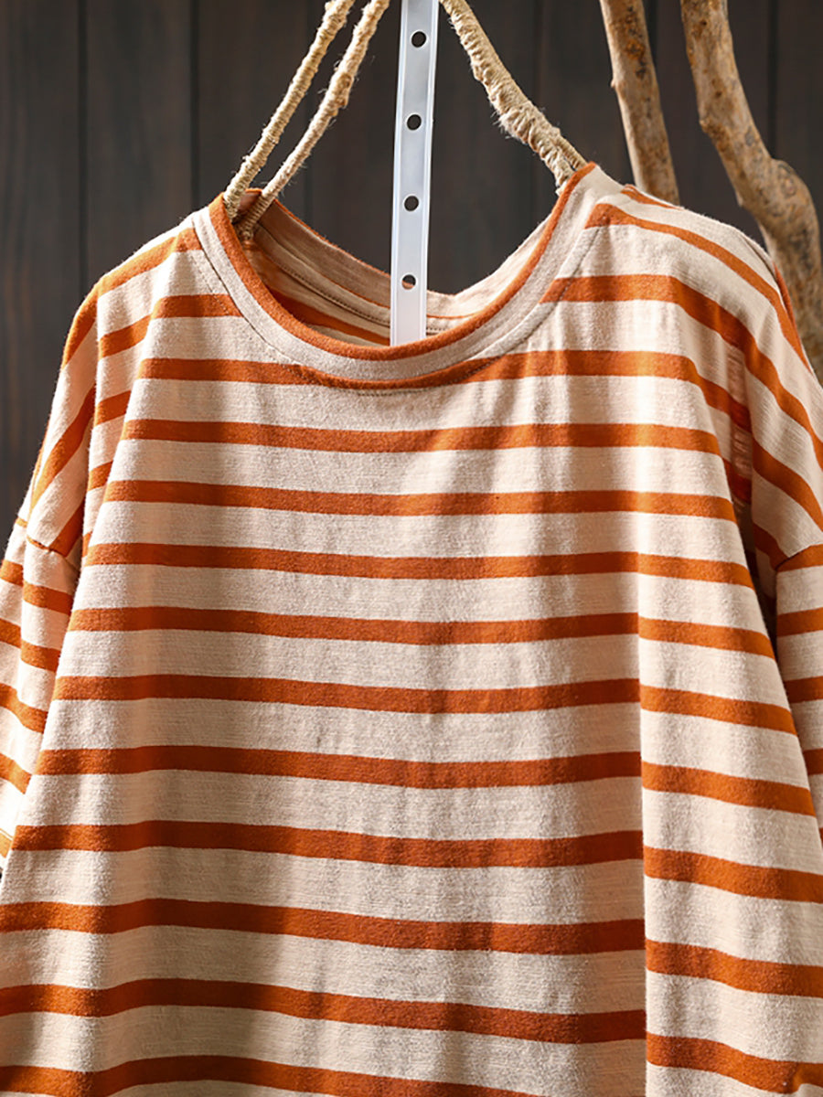 Chemise d'été décontractée à col rond et rayures colorblock pour femme en coton 
