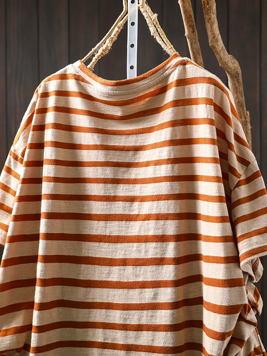Chemise d'été décontractée à col rond et rayures colorblock pour femme en coton 