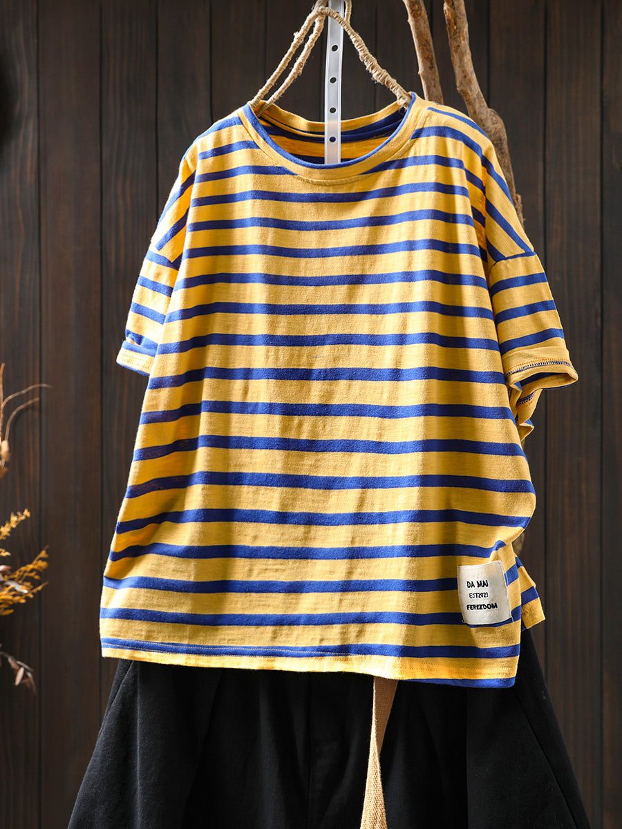 Chemise d'été décontractée à col rond et rayures colorblock pour femme en coton 