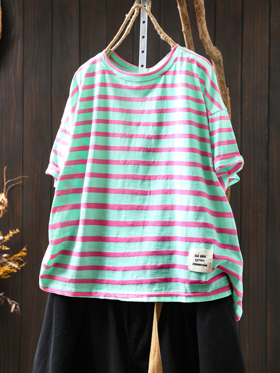 Chemise d'été décontractée à col rond et rayures colorblock pour femme en coton 