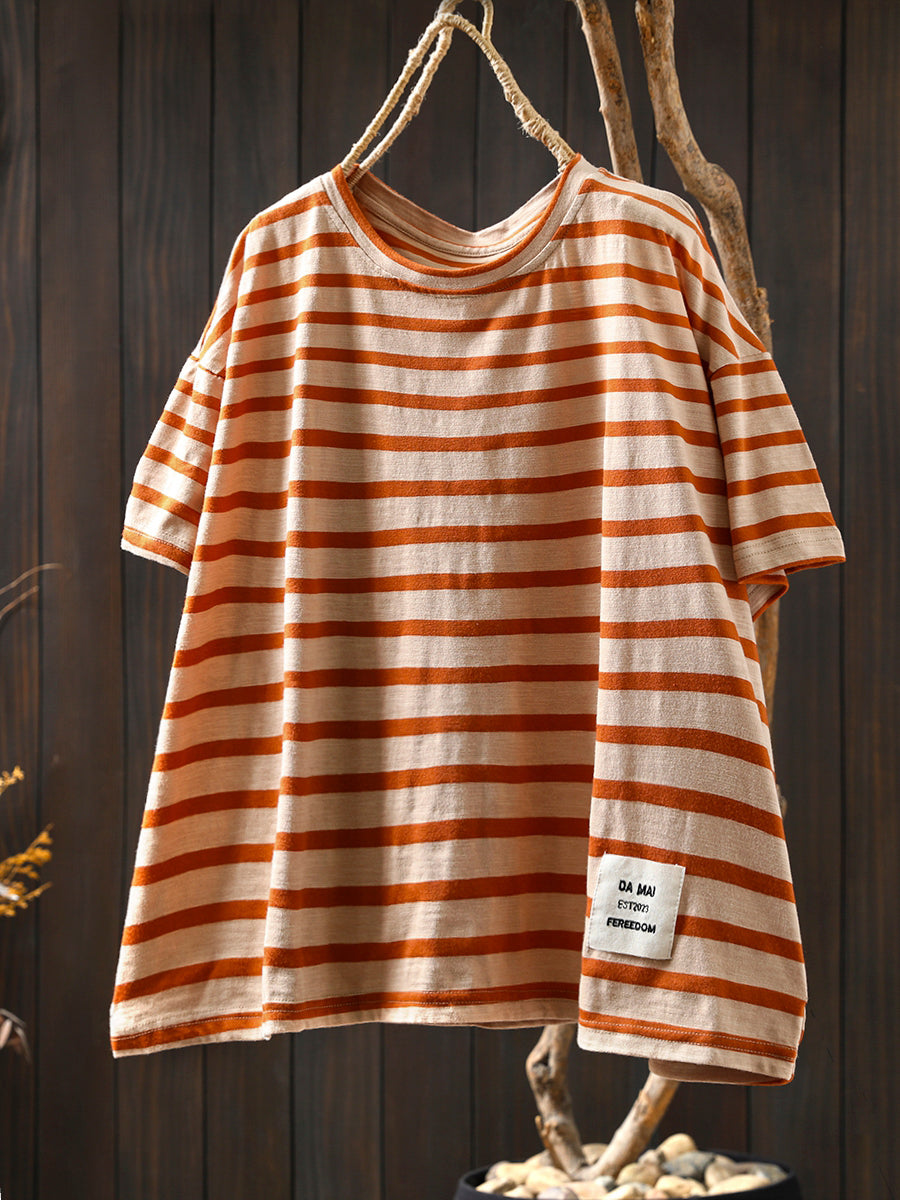 Chemise d'été décontractée à col rond et rayures colorblock pour femme en coton 