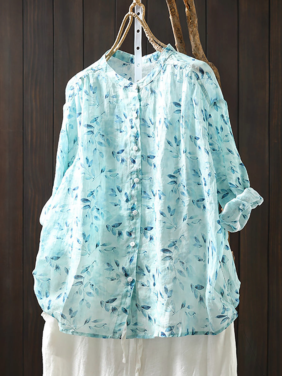 Blumenkragen Shirt Damen Sommer 100% Ramie Stand Artsy
