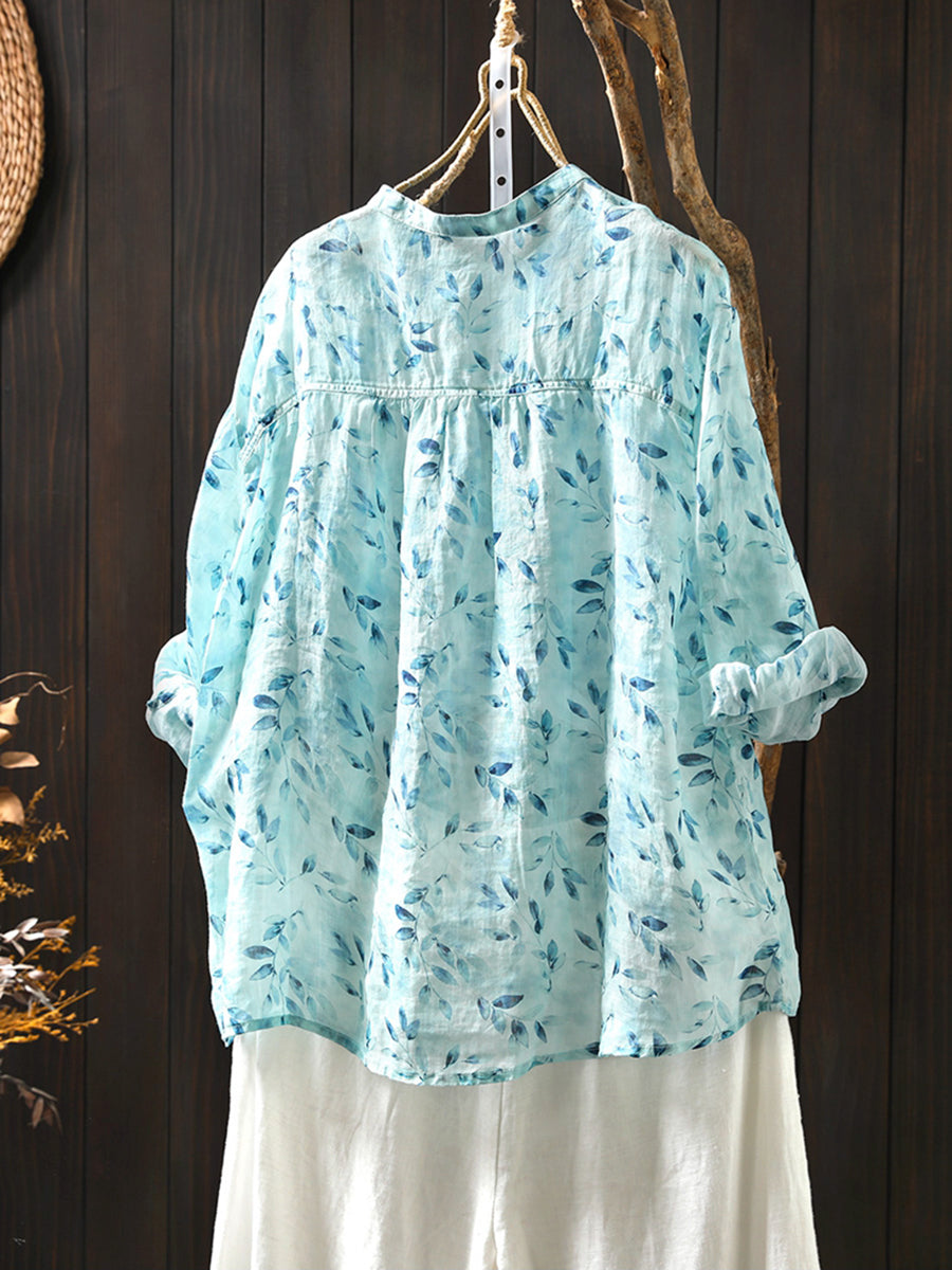 Blumenkragen Shirt Damen Sommer 100% Ramie Stand Artsy