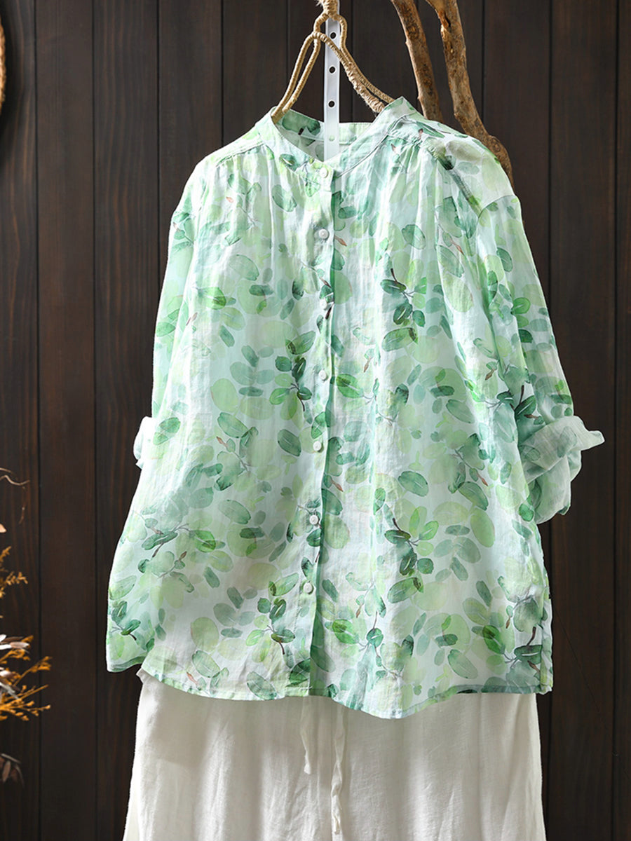 Blumenkragen Shirt Damen Sommer 100% Ramie Stand Artsy