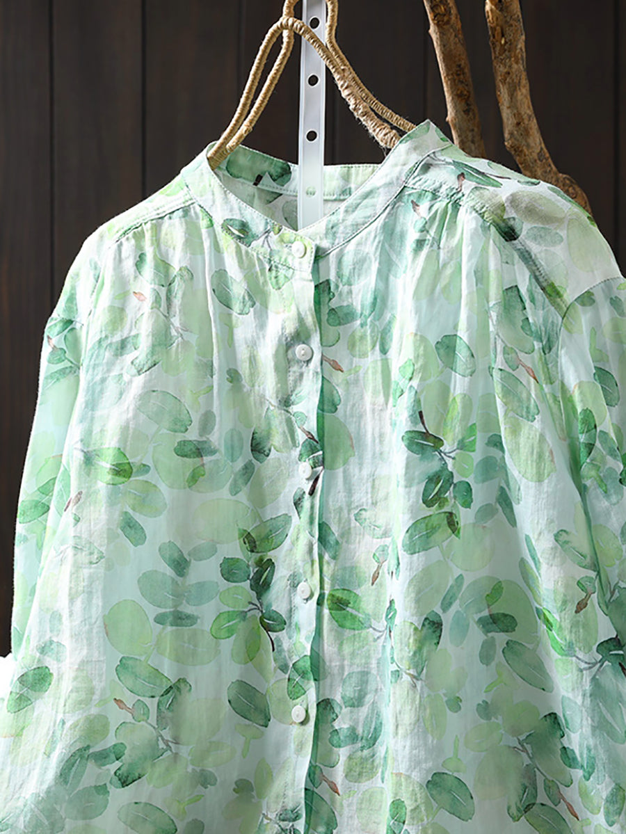 Blumenkragen Shirt Damen Sommer 100% Ramie Stand Artsy