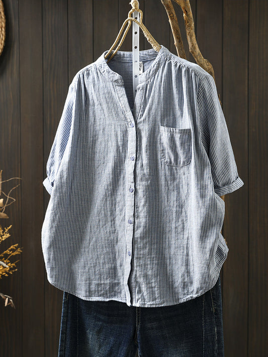 Chemise d'été décontractée à rayures 100 % coton pour femme, col en V 