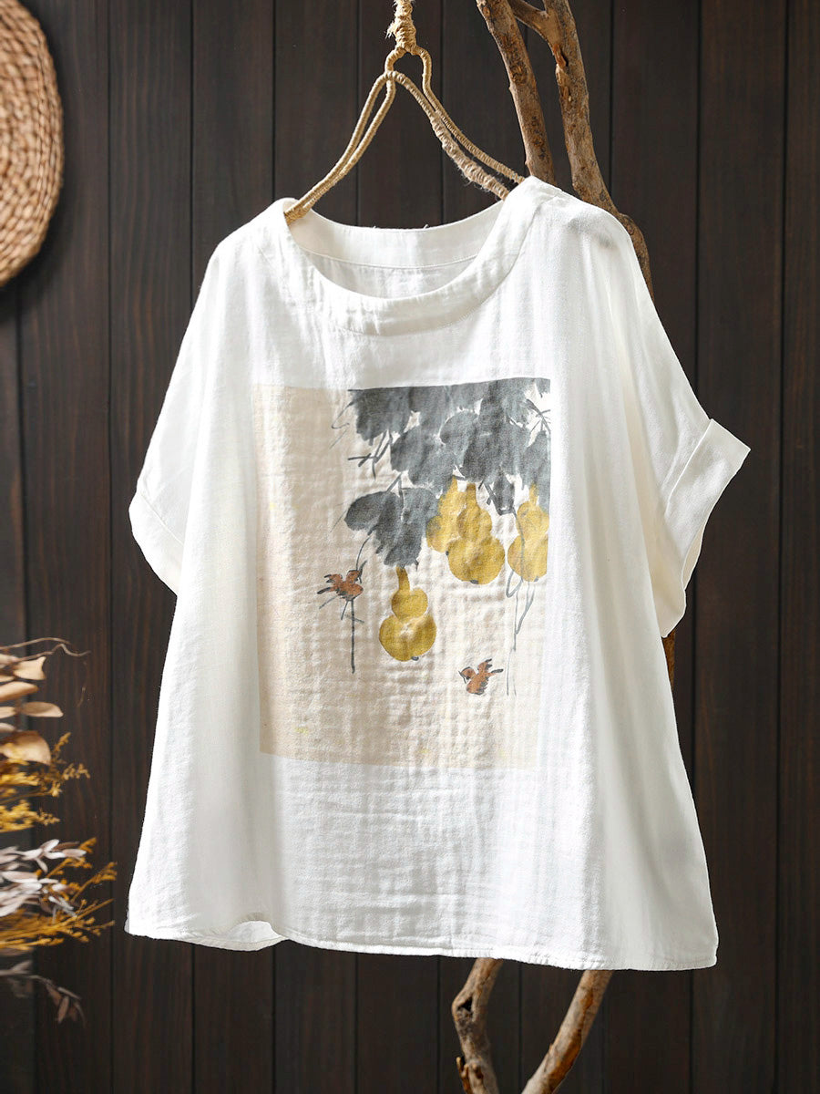 Shirt Sommer Druck Frauen Baumwolle O-Ausschnitt Casual 