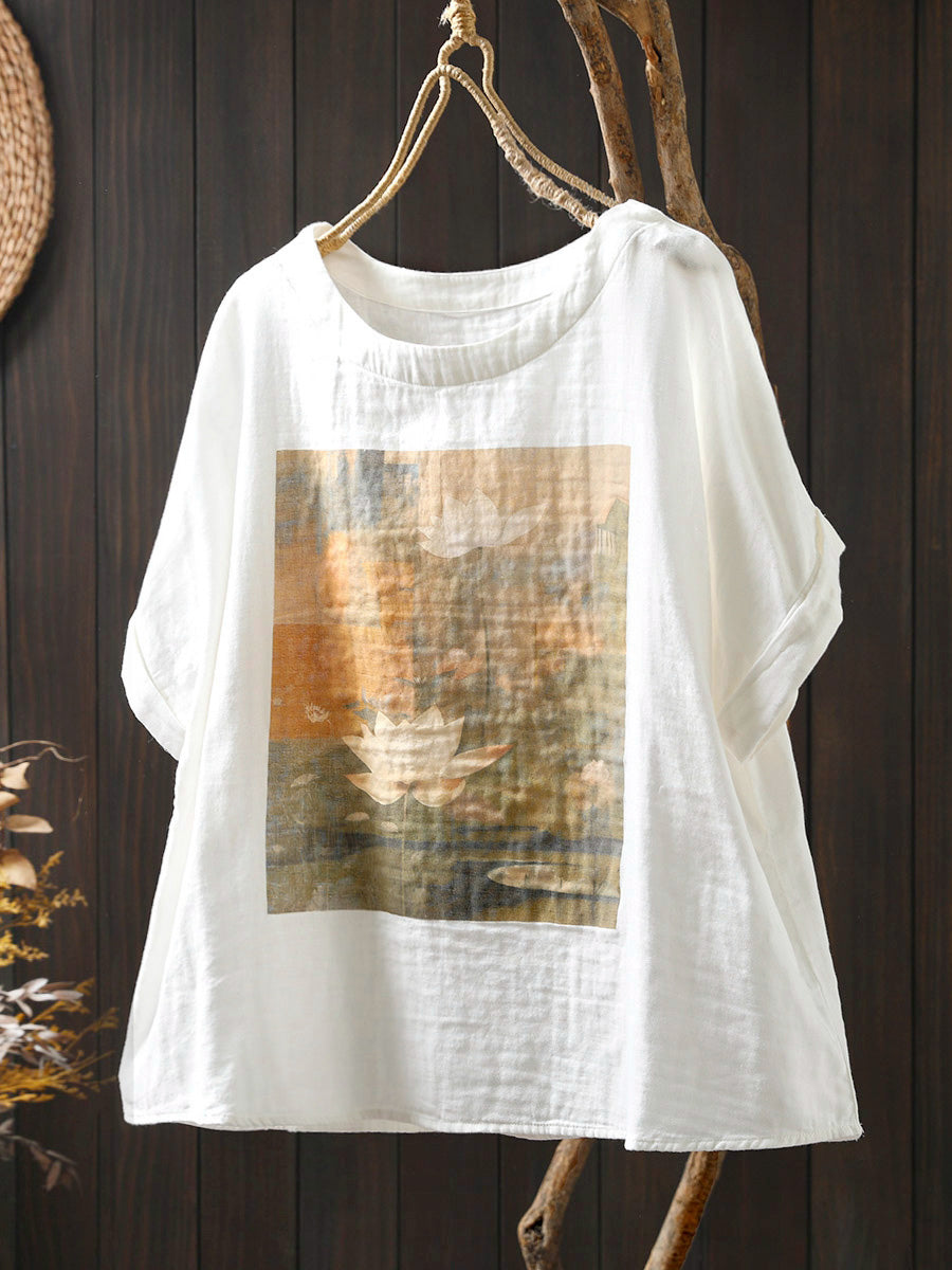 Shirt Sommer Druck Frauen Baumwolle O-Ausschnitt Casual 