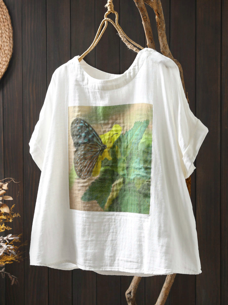 Shirt Sommer Druck Frauen Baumwolle O-Ausschnitt Casual 