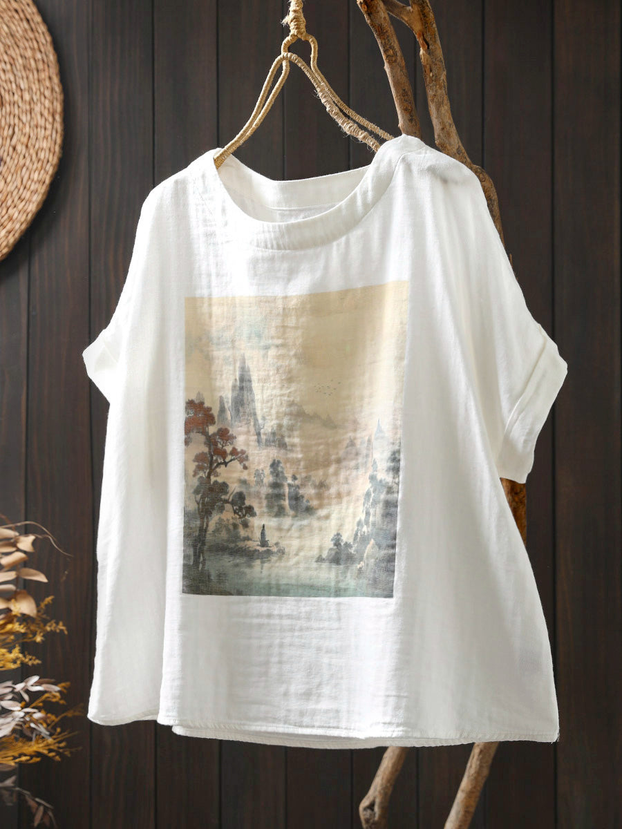 Shirt Sommer Druck Frauen Baumwolle O-Ausschnitt Casual 