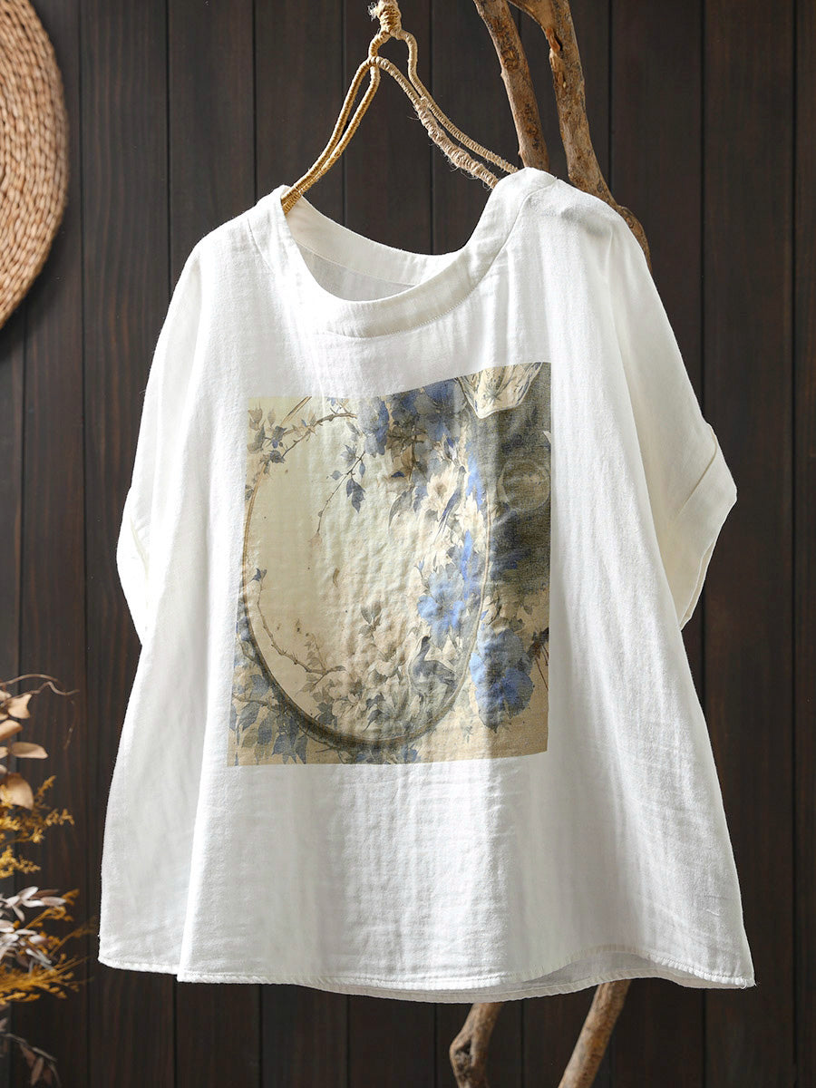 Shirt Sommer Druck Frauen Baumwolle O-Ausschnitt Casual 