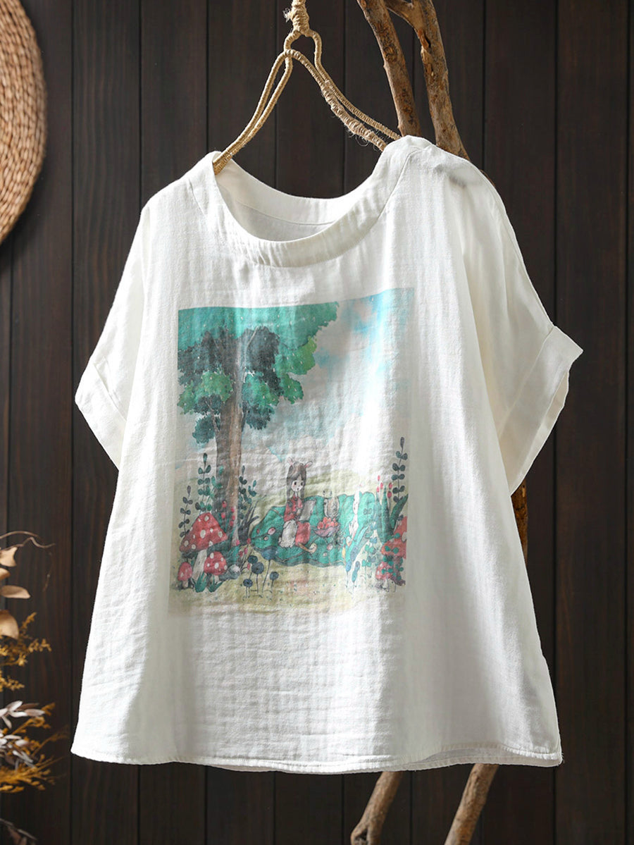 Shirt Sommer Druck Frauen Baumwolle O-Ausschnitt Casual 