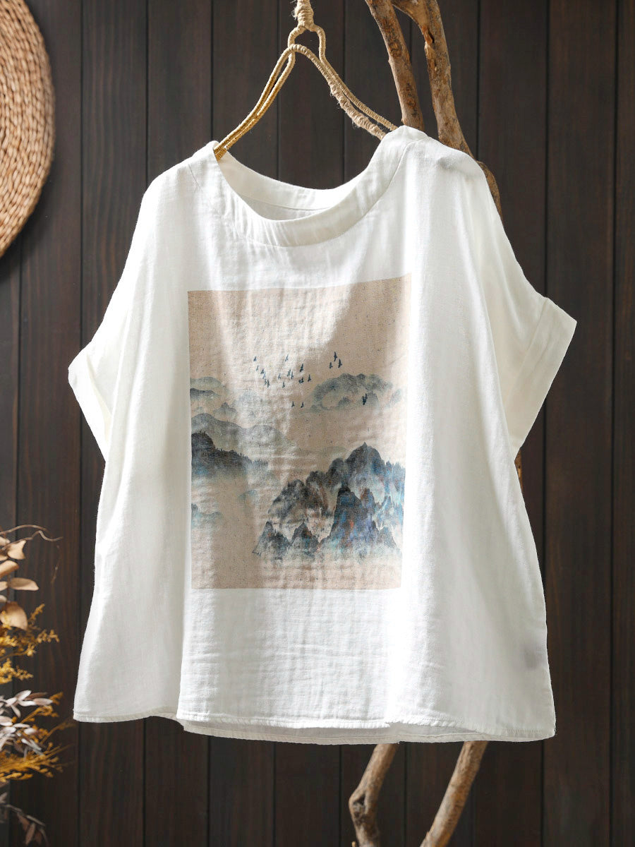 Shirt Sommer Druck Frauen Baumwolle O-Ausschnitt Casual 