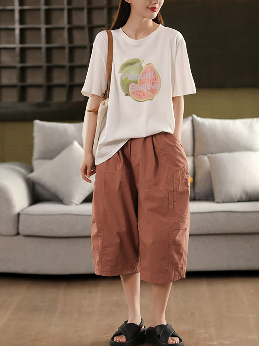 Pure Color Casual 100%Cotton Cropped Pants Women