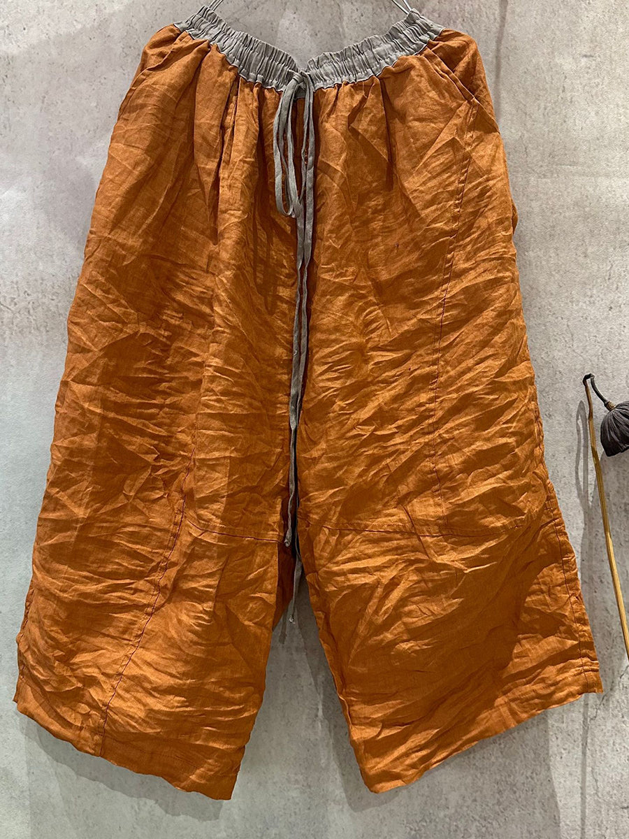 Sommer Weite Beinhose Colorblock Damen Leinen