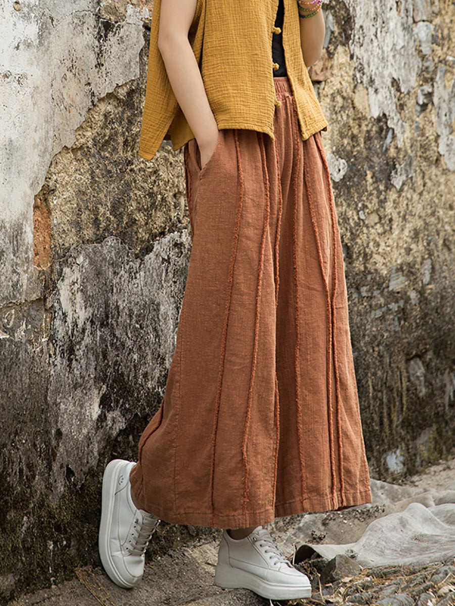 Wide-leg Ramie Summer Women Pants Raw-edge Worn
