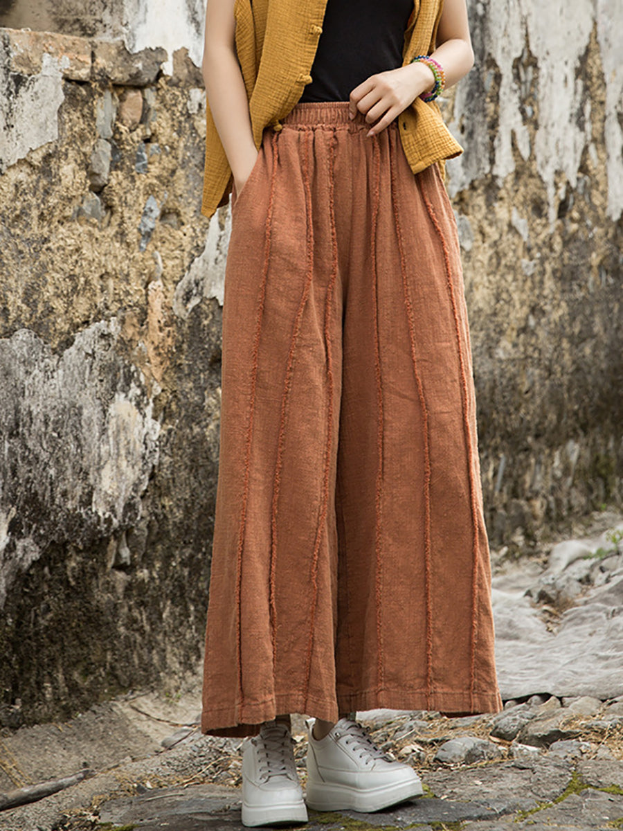 Wide-leg Ramie Summer Women Pants Raw-edge Worn