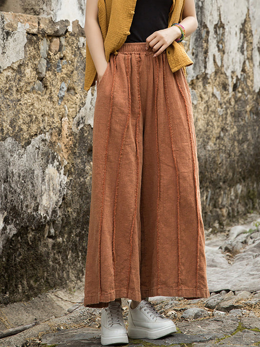 Wide-leg Ramie Summer Women Pants Raw-edge Worn