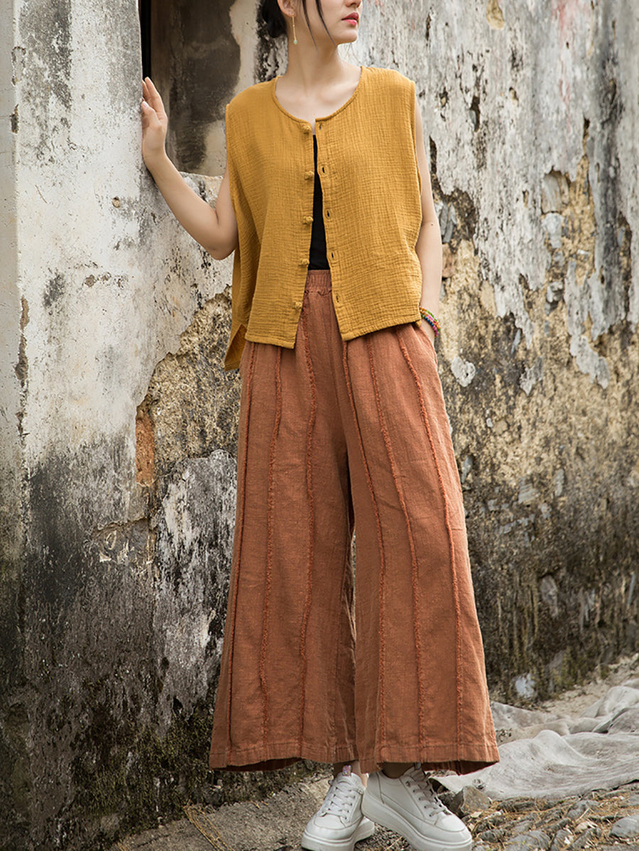 Wide-leg Ramie Summer Women Pants Raw-edge Worn