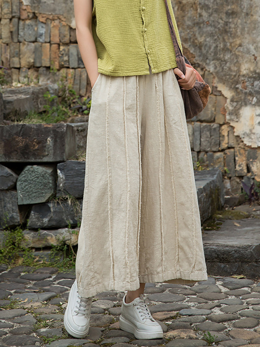 Wide-leg Ramie Summer Women Pants Raw-edge Worn