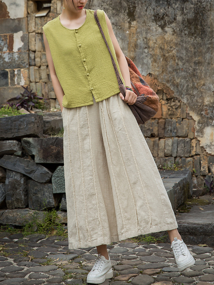 Wide-leg Ramie Summer Women Pants Raw-edge Worn