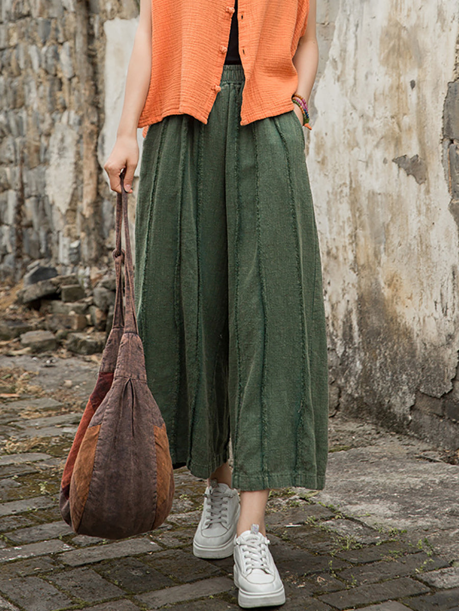 Wide-leg Ramie Summer Women Pants Raw-edge Worn