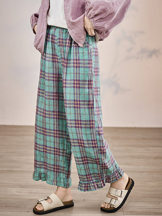 Pantalon droit Artsy pour femme, à carreaux, 100 % lin, été