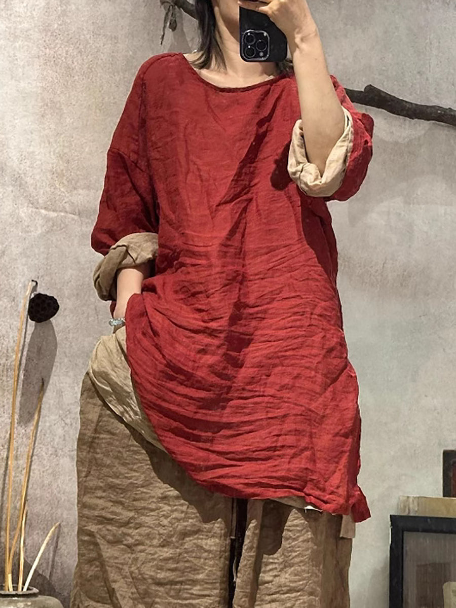 Women Artsy Shirt Ramie Summer O-Neck Pure Color