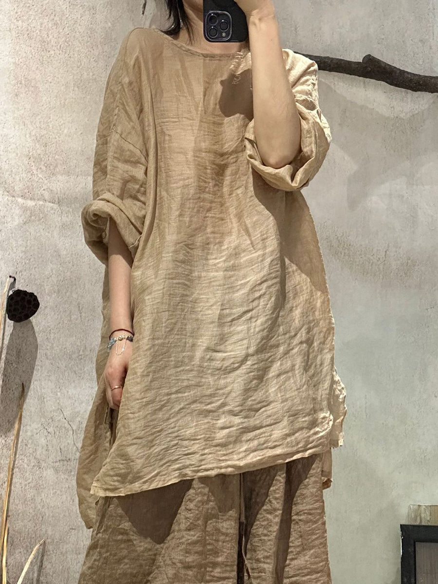 Women Artsy Shirt Ramie Summer O-Neck Pure Color