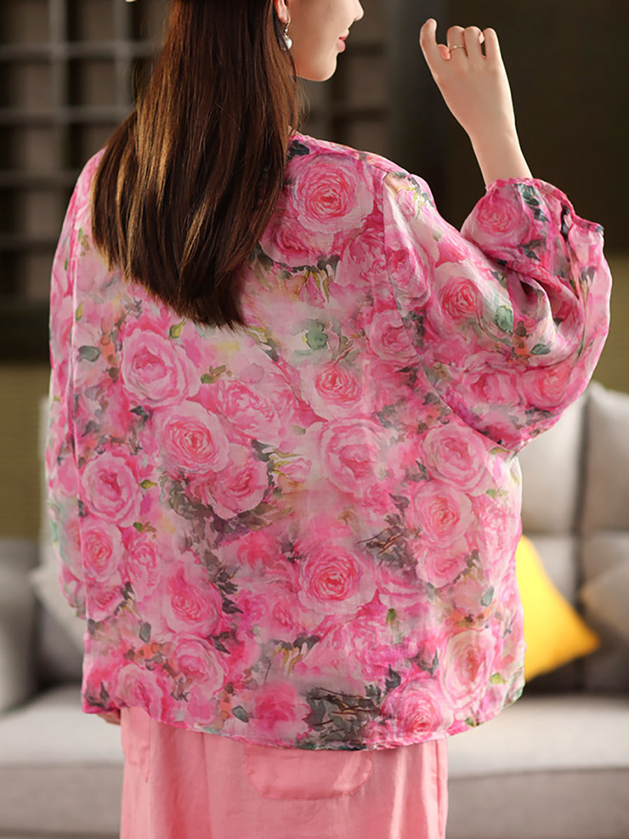 Blumen Sommer Shirt 100% Ramie O-Ausschnitt Artsy Damen