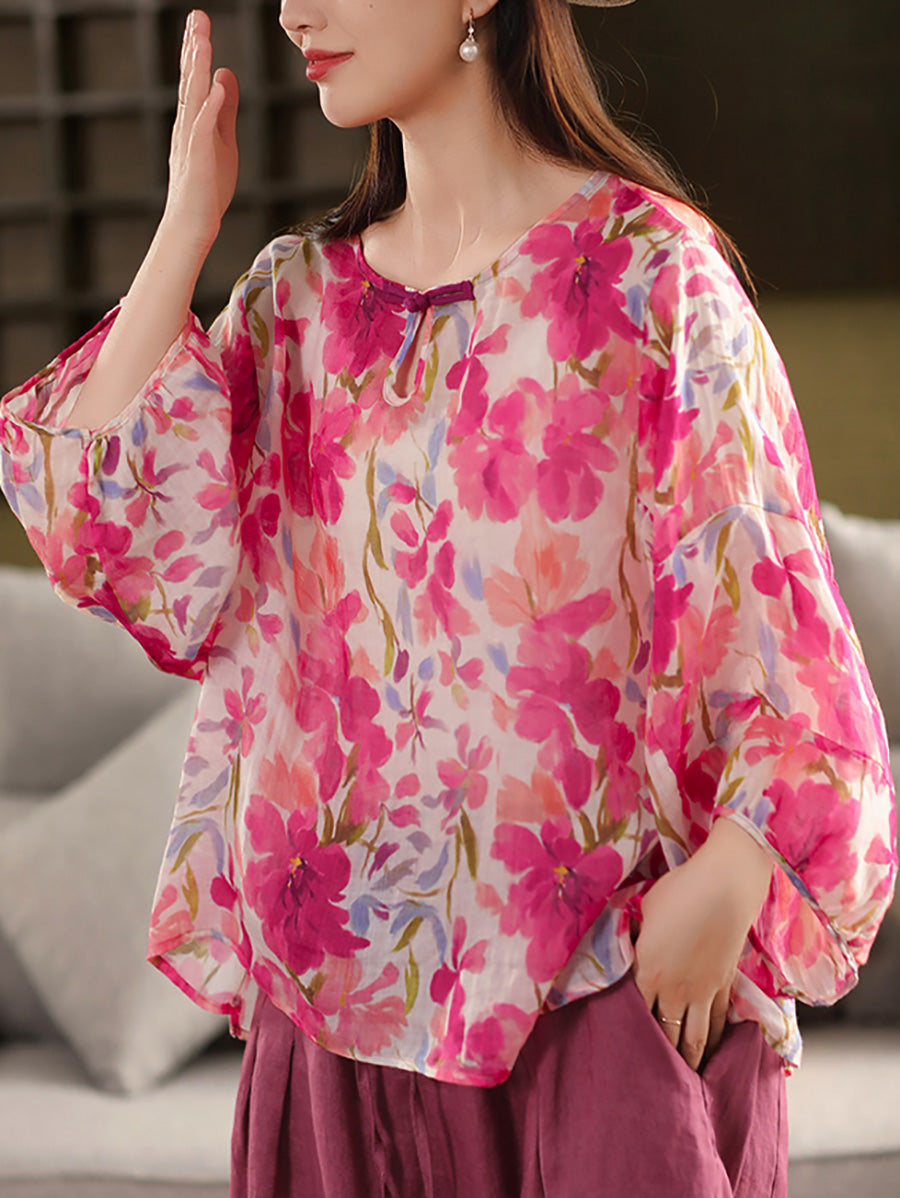 Blumen Sommer Shirt 100% Ramie O-Ausschnitt Artsy Damen