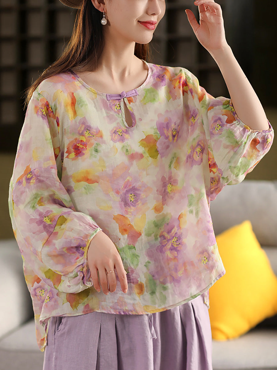 Blumen Sommer Shirt 100% Ramie O-Ausschnitt Artsy Damen