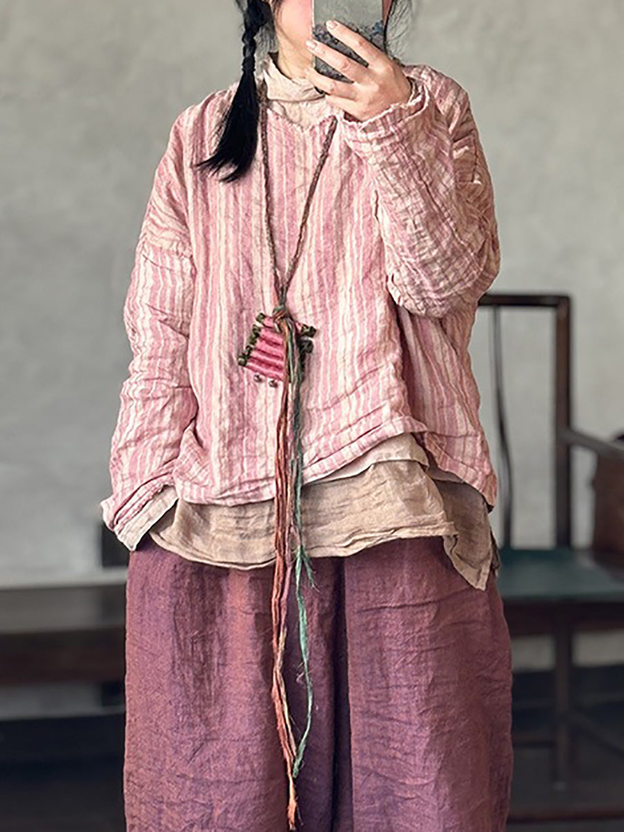 Chemise d'été rétro pour femme, col en V, rayures, lin